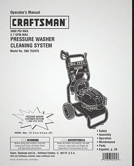 Craftsman 3,000 PSI Pressure Washer Model 580.752070 Owners Manual & Parts List