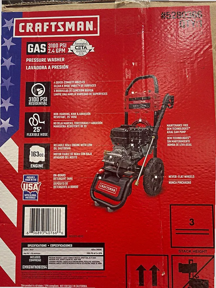 Craftsman 3100 PSI 2.4 GPM 163cc Gas Pressure Washer Quick Connect CMXGWFN061294