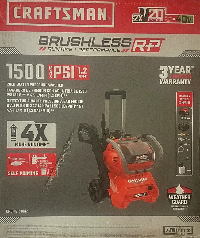 Craftsman Brushless 1500 PSI Pressure Washer 20V Battery + Charger CMCPW1500N2