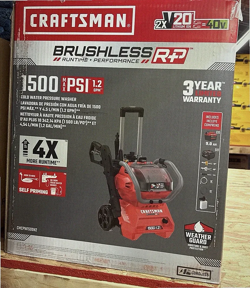 Craftsman CMCPW1500N2 2xV20=40V Brushless RP 1500 PSI Cold Water Pressure Washer