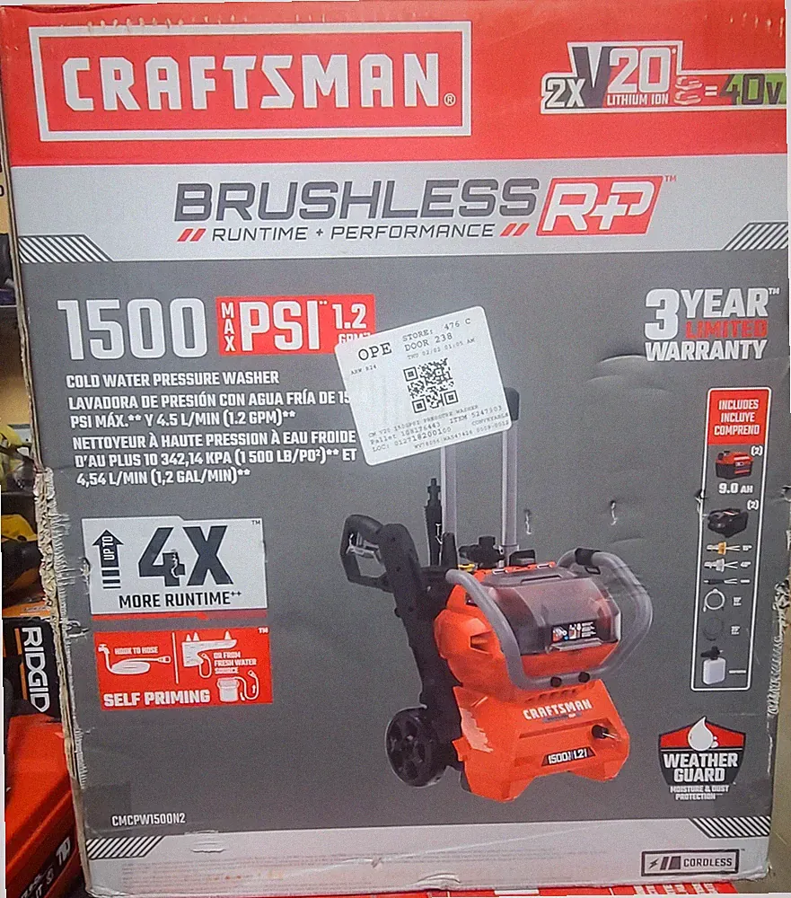 Craftsman CMCPW1500N2 2xV20=40V Brushless RP 1500 PSI Cold Water Pressure Washer