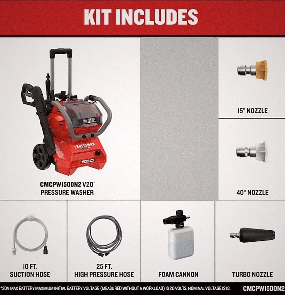 Craftsman V20 1500 PSI 1.2GPM Cold Water Pressure Washer (CMCPW1500N2) TOOL ONLY