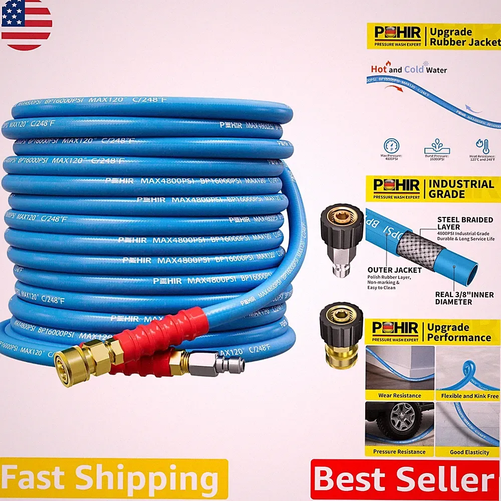 Durable 50ft Pressure Washer Hose 3/8" Steel Braided 4800 PSI Professional