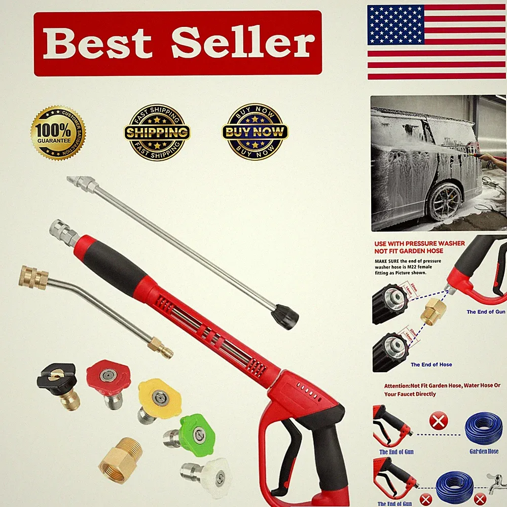 Durable Brass Pressure Washer Gun - 47 Inch with 5 Nozzel Tips for Cleaning