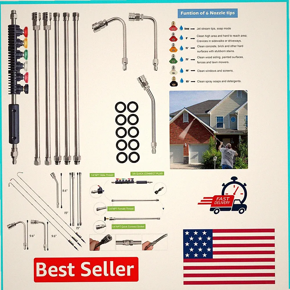 Durable Stainless Steel Pressure Washer Extension Wands - Includes 6 Nozzle Tips