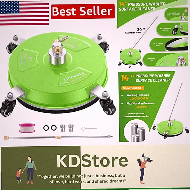 Efficient 14-Inch Green Pressure Washer Surface Cleaner with 4 Wheels for Patios