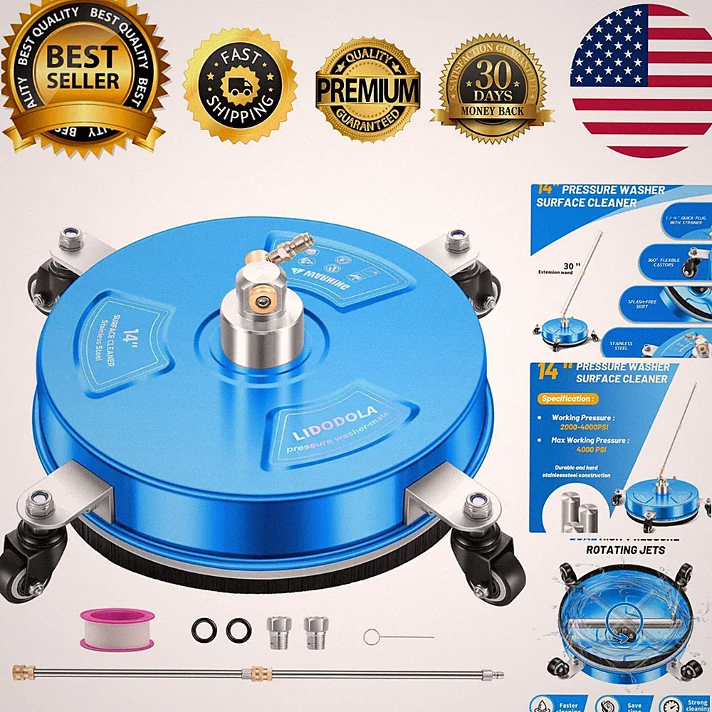 Efficient 14" Pressure Washer Surface Cleaner - Blue Stainless Steel Design