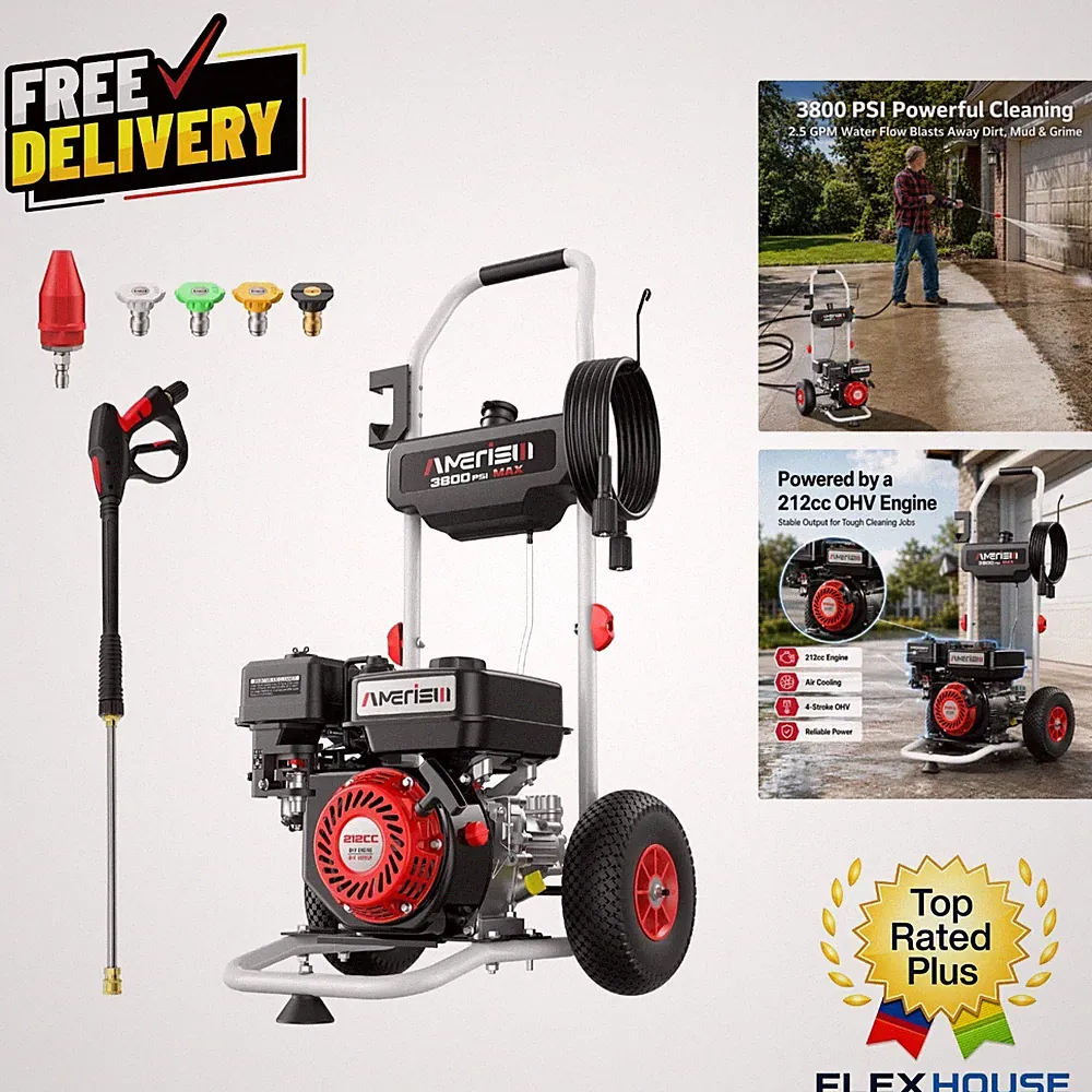 Efficient 3800 PSI Gas Pressure Washer with 5 Spray Tips for All Surfaces