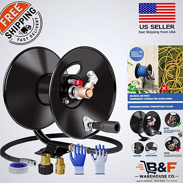 Efficient Metal Pressure Washer Hose Reel 50ft/65ft, Heavy-Duty, Wall Mounted