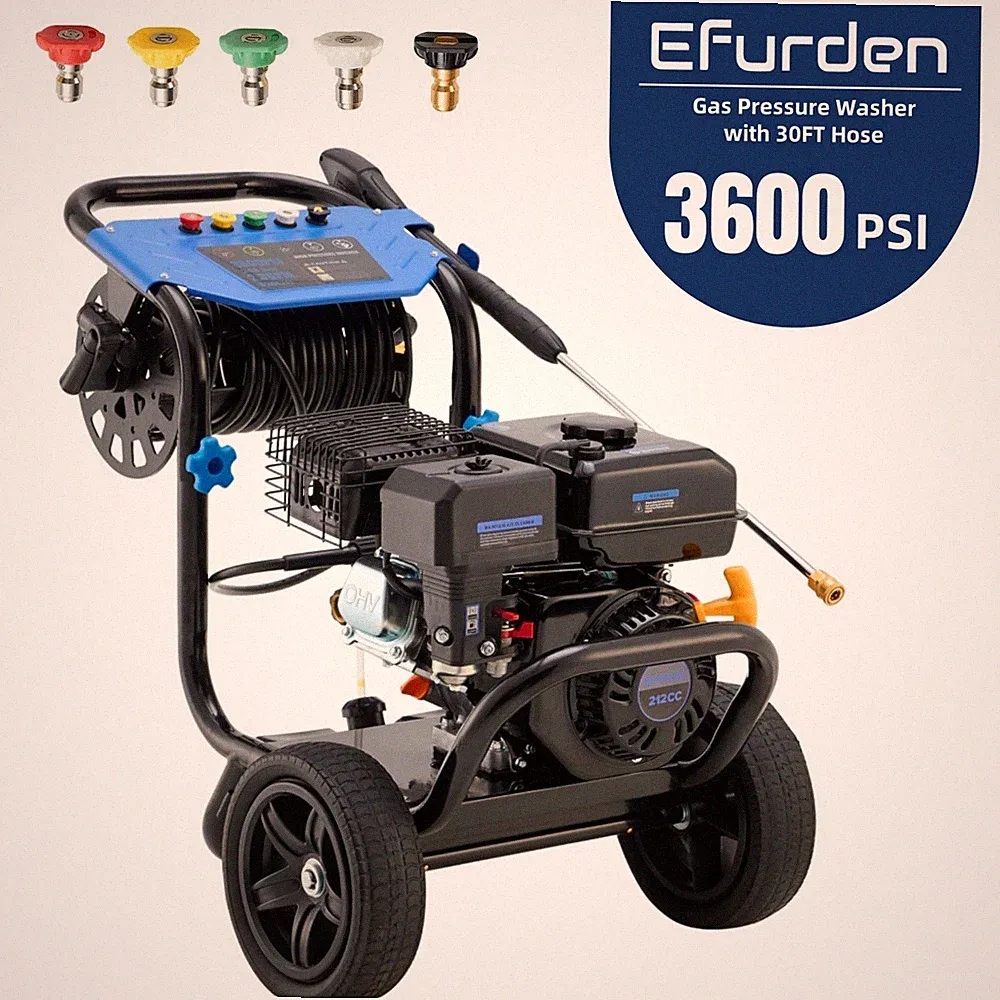 Efurden Gas High Pressure Washer 3600 PSI 2.3 GPM 212cc 5 Nozzles&Hose Reel Set