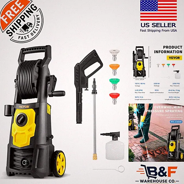 Electric 2000 PSI Pressure Washer with Extended Hose - Ideal for Patios & Cars