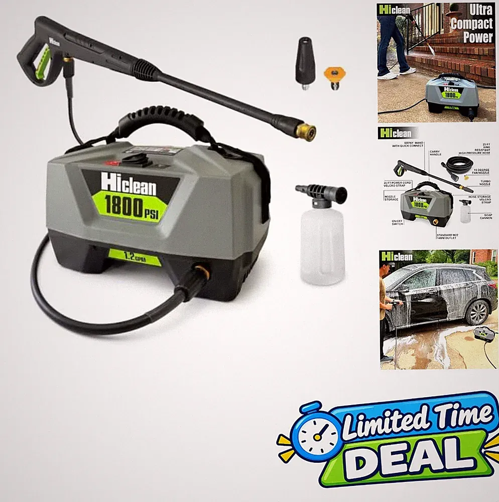 Electric Pressure Washer 1800 PSI 1.2 GPM 20 Ft Hose Foam Cannon Gray Portable