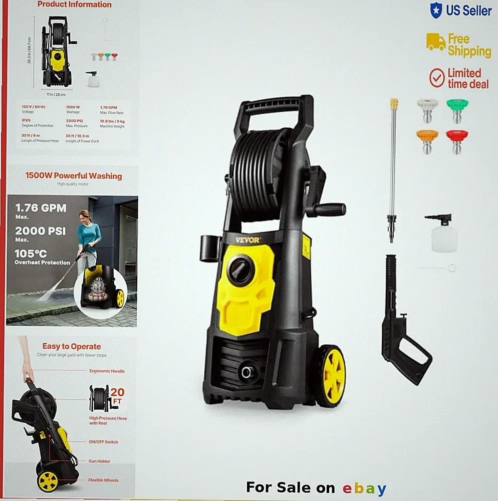 Electric Pressure Washer 2000 PSI 1.76 GPM 1500W 20 ft Hose Reel Foam Cannon 5