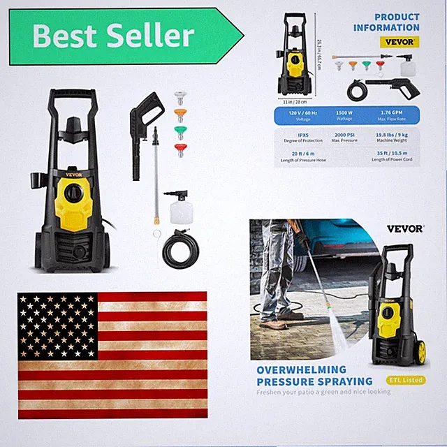 Electric Pressure Washer, 2000 PSI 1.76 GPM, Portable Cleaner with 20ft Hose,...