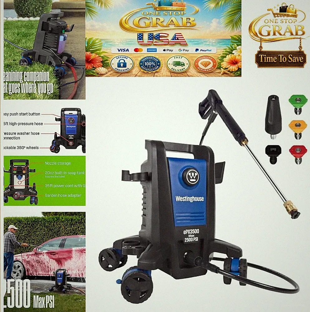 Electric Pressure Washer 2500 PSI 1.76 GPM 25 Ft Hose 20 Oz Soap Tank 5 Nozzle