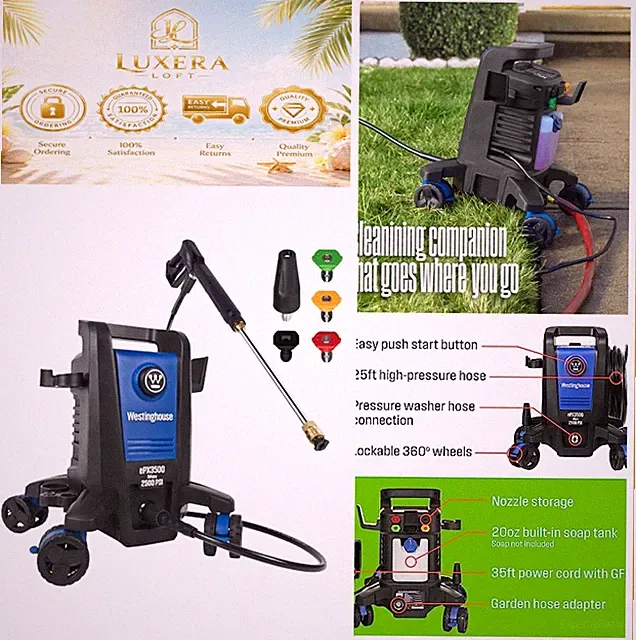 Electric Pressure Washer 2500 PSI 1.76 GPM Anti-Tipping 25 Ft Hose Onboard Soap