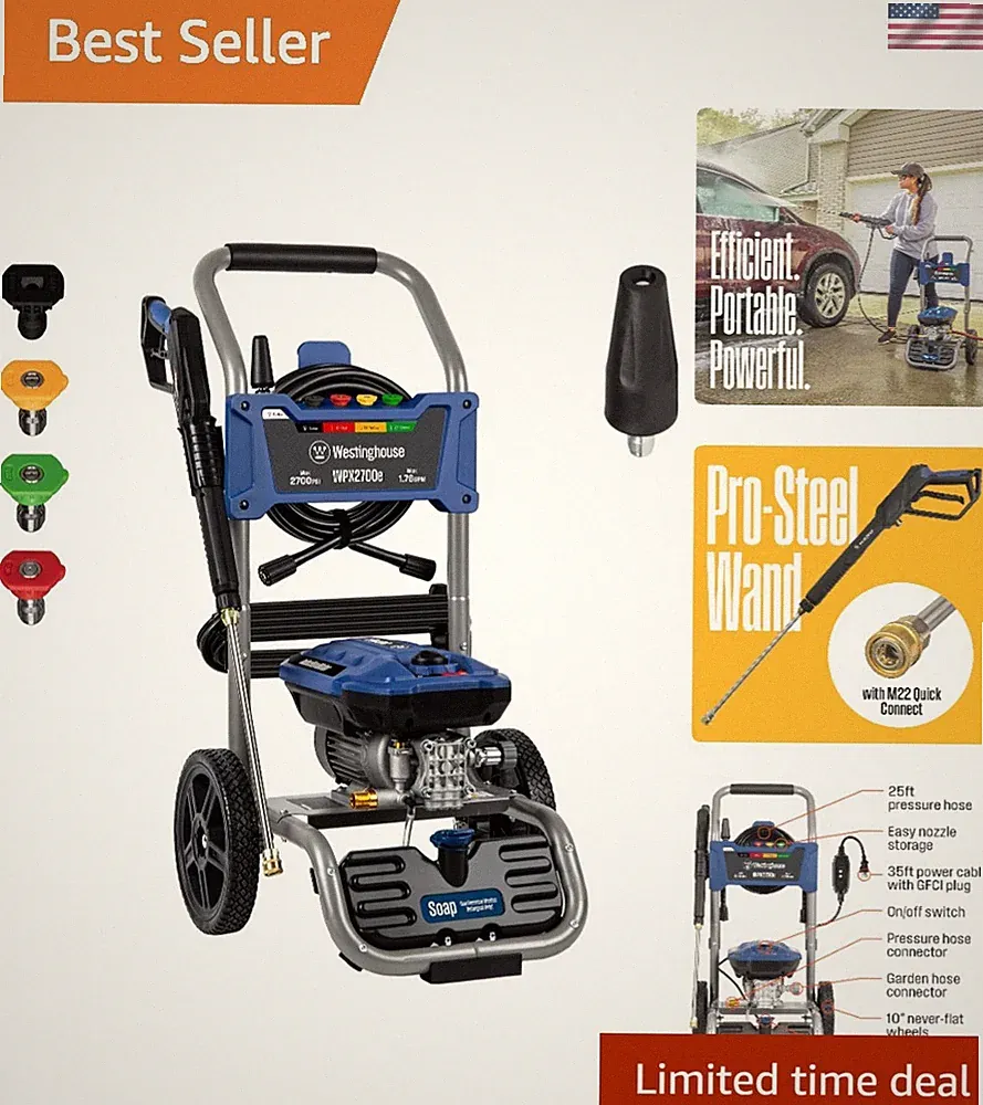 Electric Pressure Washer, 2700 Max PSI and 1.76 Max GPM, Induction Motor, Onb...