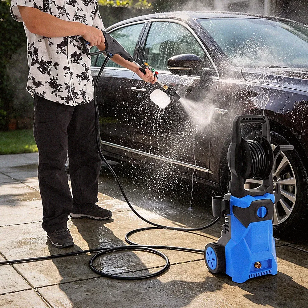 Electric Pressure Washer With Foam Cannon Hose Reel 4 Quick Connect Nozzles Blue