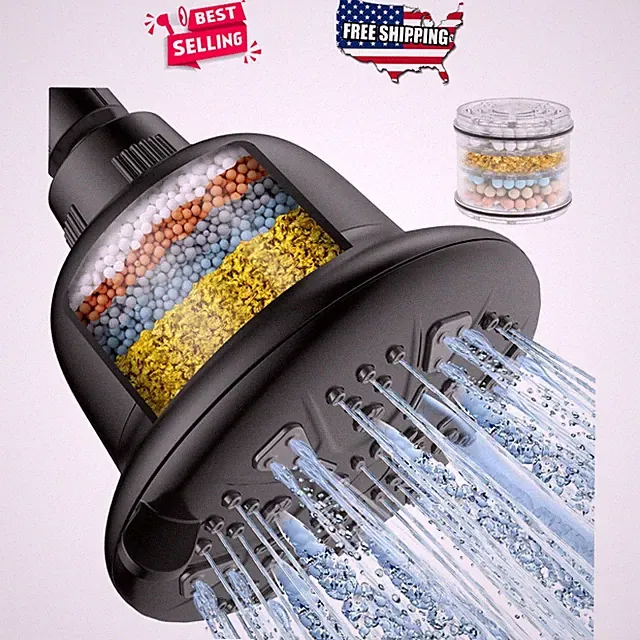 Filtered Shower Head Matte Black High Pressure 7 Settings for Hard Water Rain