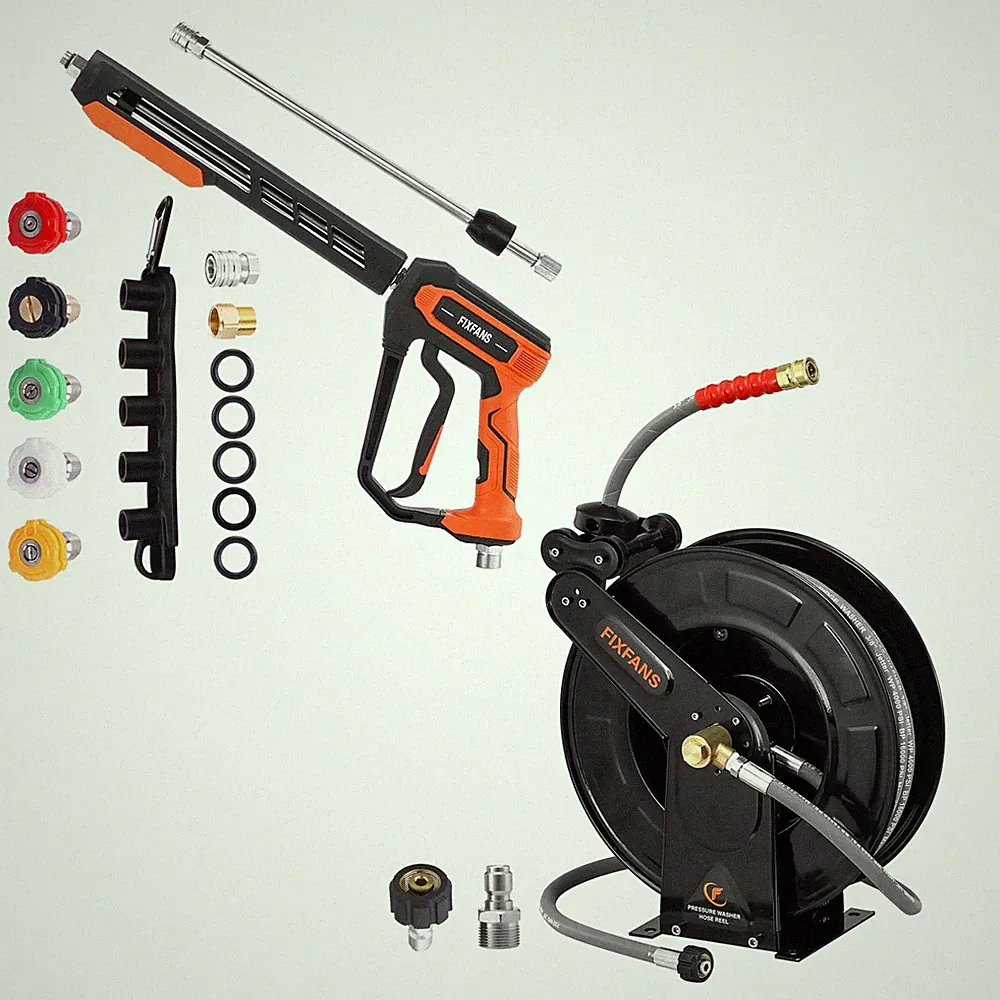 FIXFANS Pressure Washer Gun Kit, Hose Reel with Hose, 3/8" X 50 FT