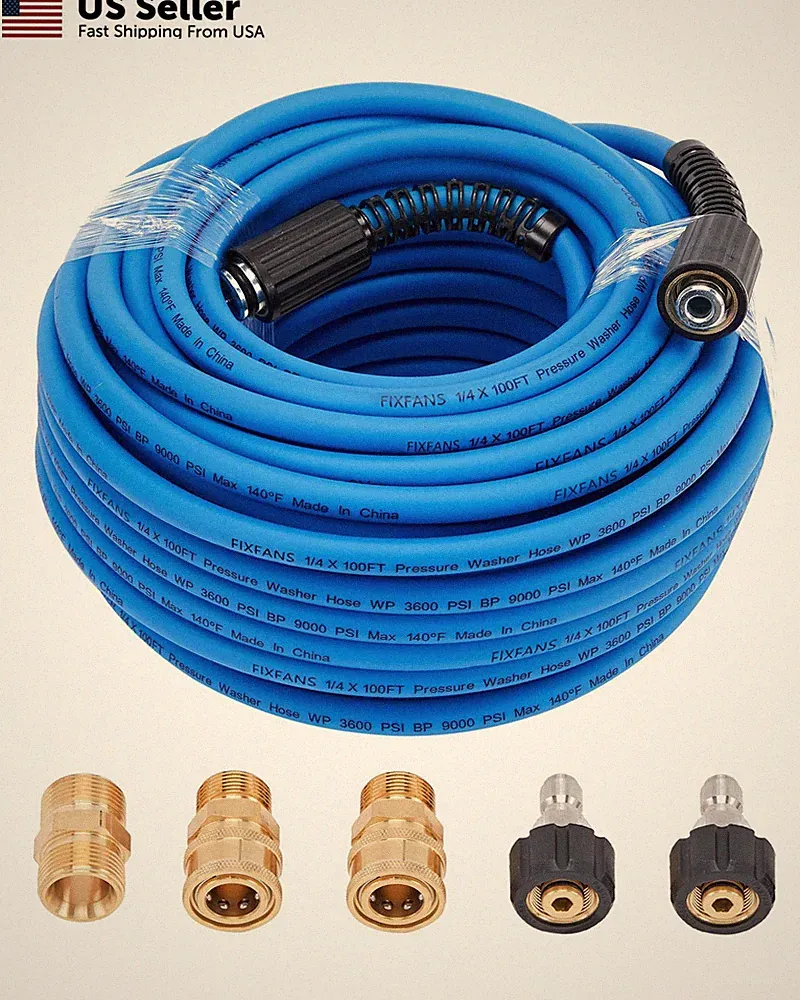 FIXFANS Pressure Washer Hose 100 FT X 1/4", 100 FT, Blue, Gold, Silver, Black