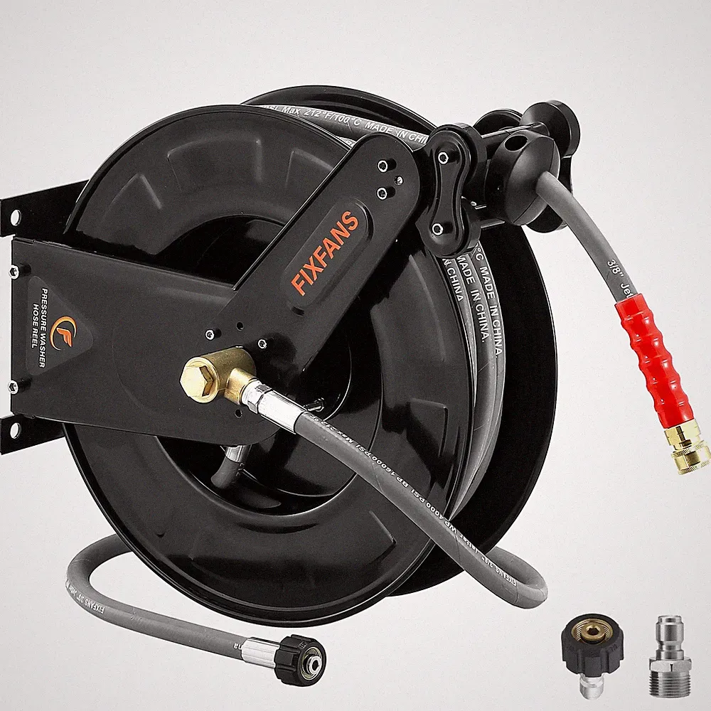 FIXFANS Pressure Washer Hose Reel with for Hot and 50 FT, Black, Grey