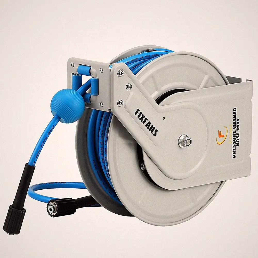 FIXFANS Pressure Washer Hose Reel with Hose, 1/4" × 60ft 60 FT, White, Blue