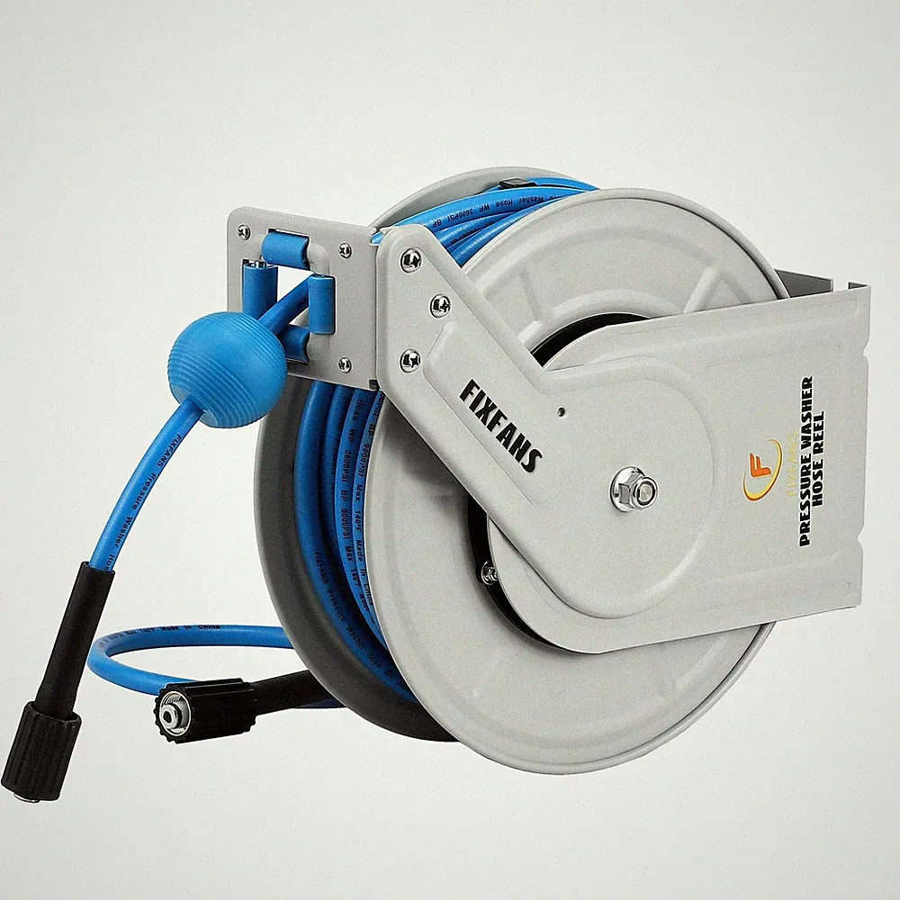 FIXFANS Pressure Washer Hose Reel with Hose, 1/4" × 60ft, 60 FT, White, Blue