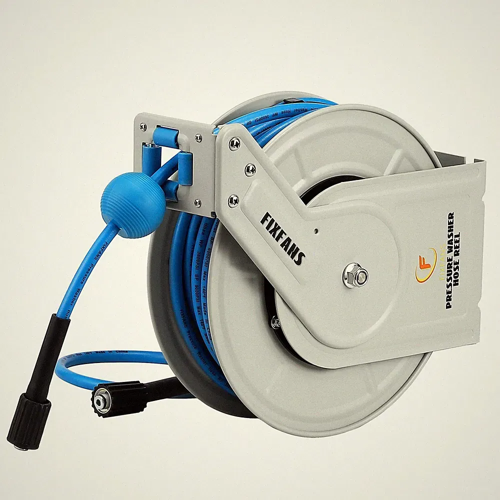 FIXFANS Pressure Washer Hose Reel with Hose, 1/4" × 60ft 60 FT, White, Blue
