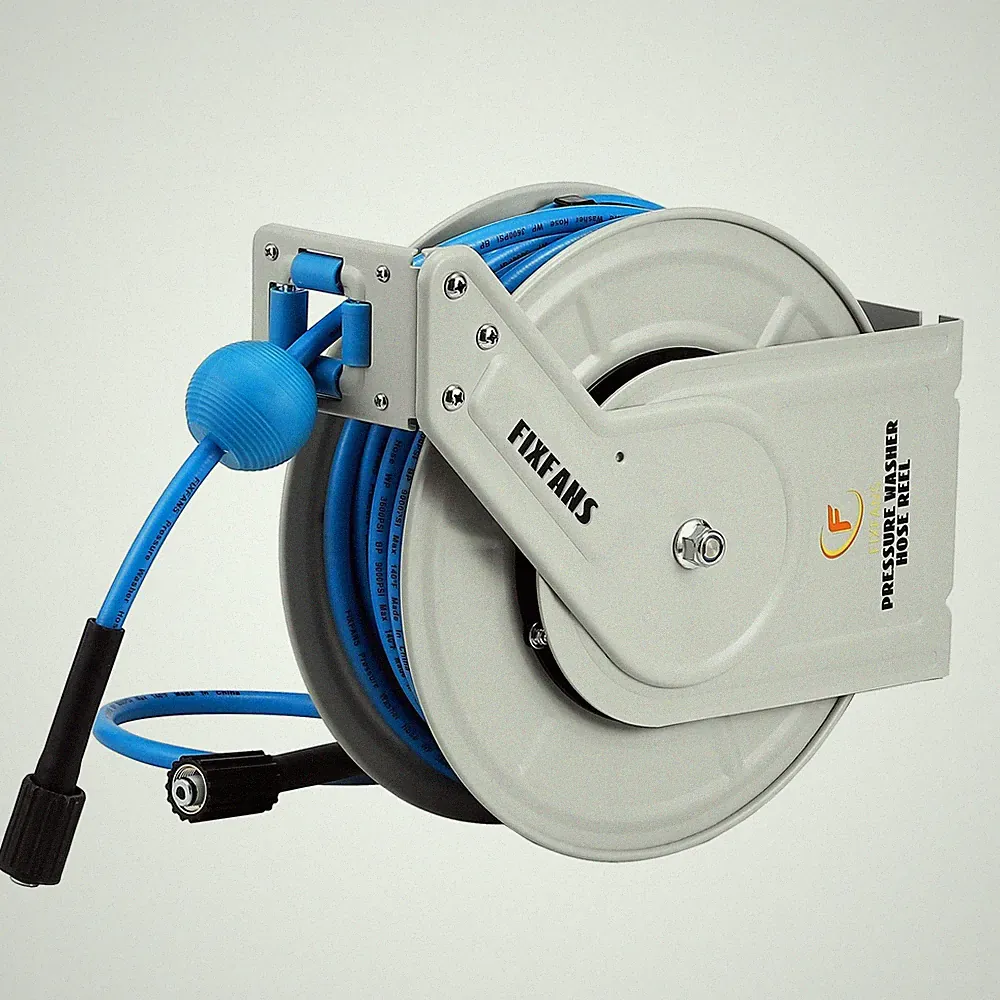 FIXFANS Pressure Washer Hose Reel with Hose, 1/4" × 60ft White, Blue