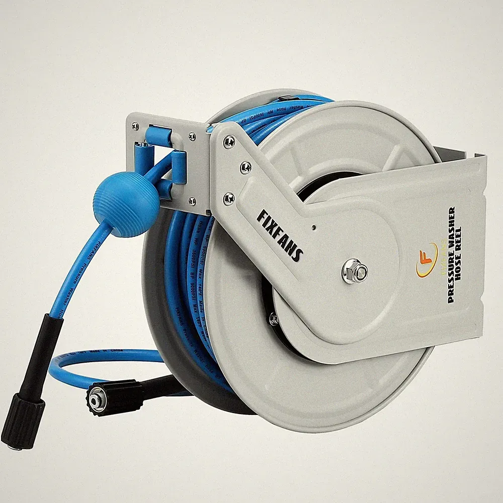 FIXFANS Pressure Washer Hose Reel with Hose, 1/4" × 60ft White, Blue
