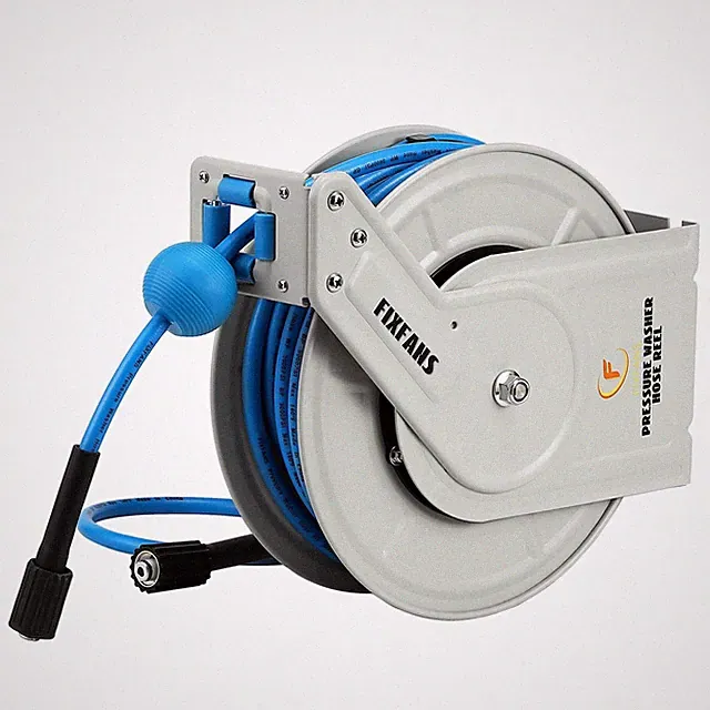 FIXFANS Pressure Washer Hose Reel with Hose, 1/4" × 60ft White, Blue