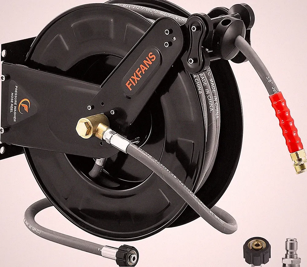 FIXFANS Pressure Washer Hose Reel with Hose for Hot and Cold Water, 3/8" X 50 FT