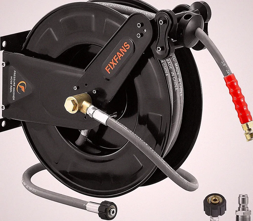 FIXFANS Pressure Washer Hose Reel with Hose for Hot Cold Water, 3/8" X 50FT