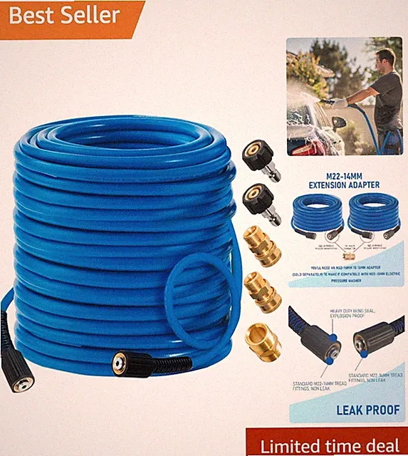 Flexible 100 FT Pressure Washer Hose - 3600 PSI with 5 Adapters for Versatility