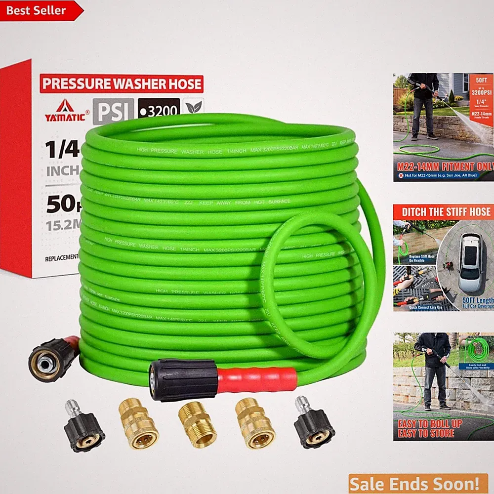 Flexible Green 50FT Pressure Washer Hose for Power Cleaning Kink Resistant