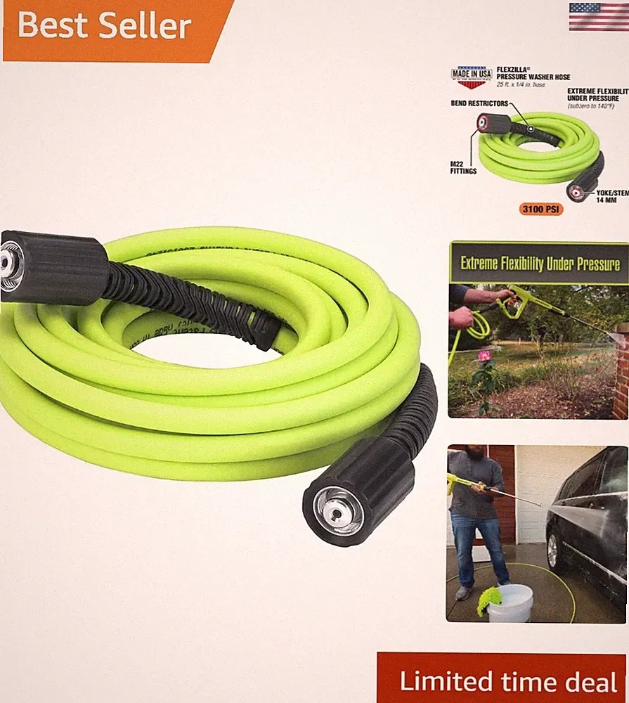 Flexzilla 25ft Flexible Pressure Washer Hose with M22 Fittings - 3100 PSI