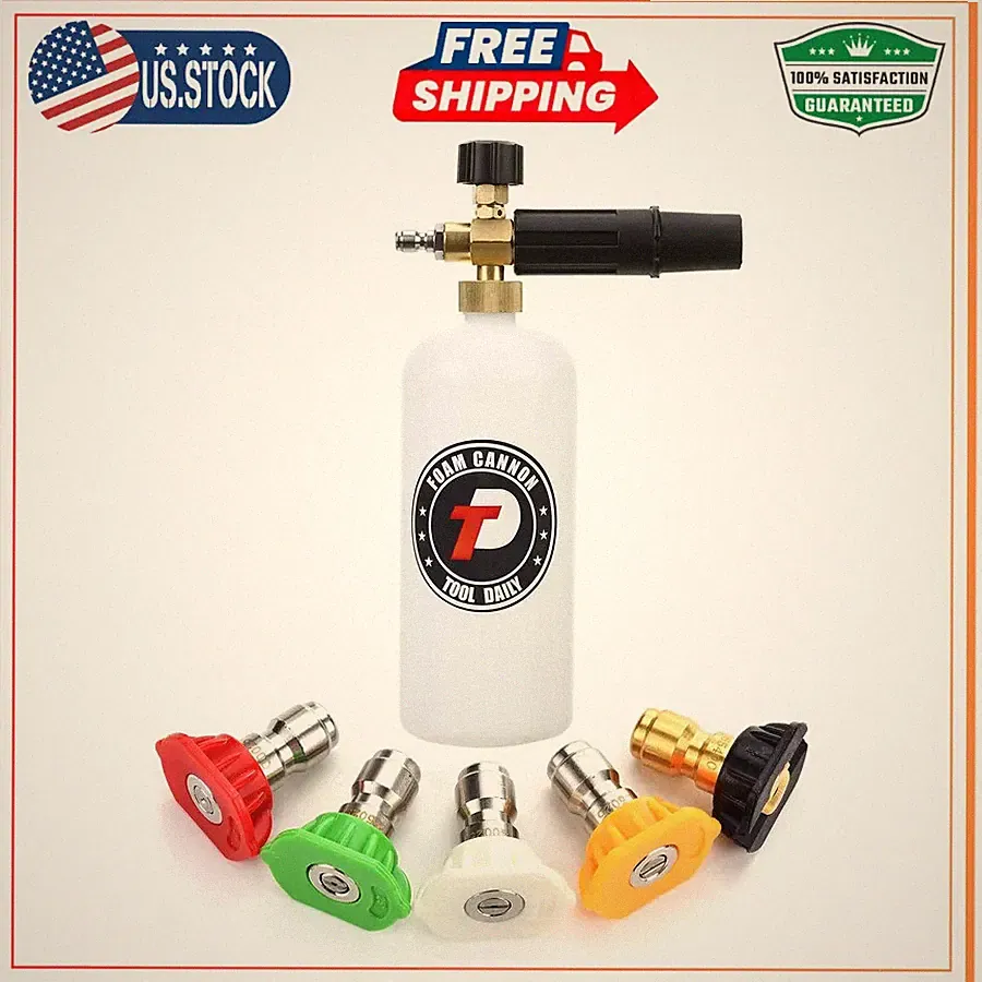 Foam Cannon 1 Liter with 1/4 Inch Quick Connector and 5 Pressure Washer Nozzl...