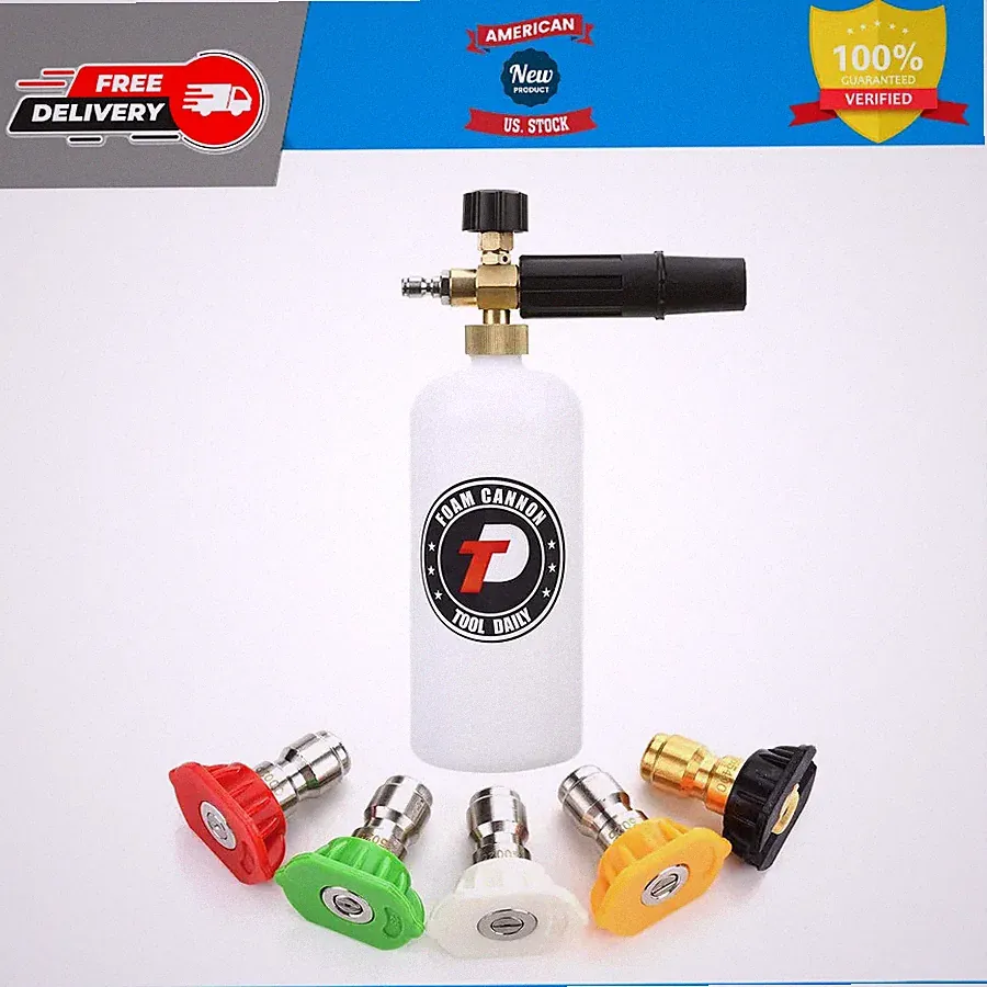 Foam Cannon 1 Liter with 1/4 Inch Quick Connector and 5 Pressure Washer Nozzles