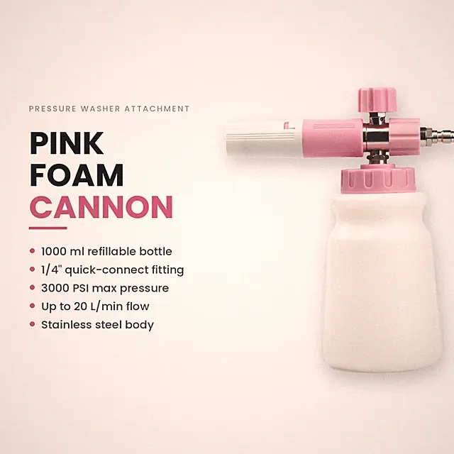 Foam Cannon 1L Snow Foam Lance Pressure Washer 1/4" Quick Connect 3000 PSI Pink