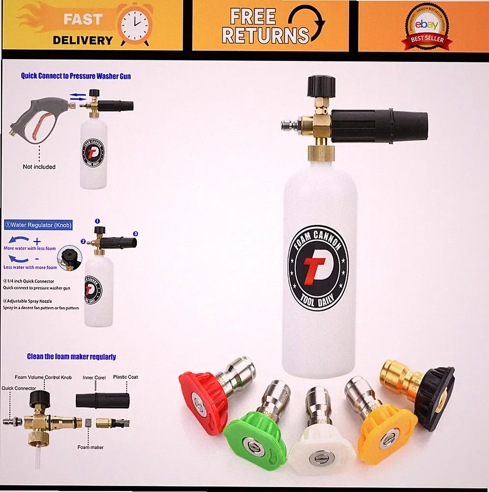 Foam Cannon for Pressure Washer - 1L with 5 Nozzle Tips, Quick Connector, Car Wa