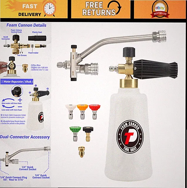 Foam Cannon for Pressure Washer - Dual Lance, 5 Nozzles, 1/4" Quick Connect, 360