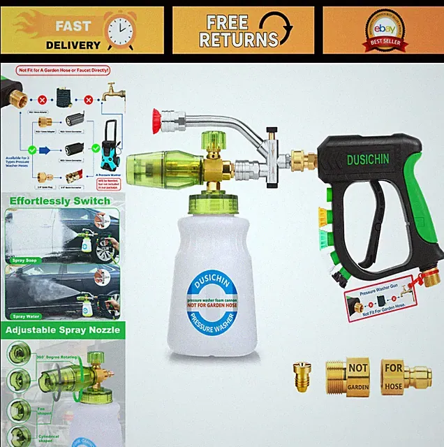 Foam Cannon Pressure Washer Gun Kit - Dual Connector, 5 Nozzle Tips, 1/4" Quick