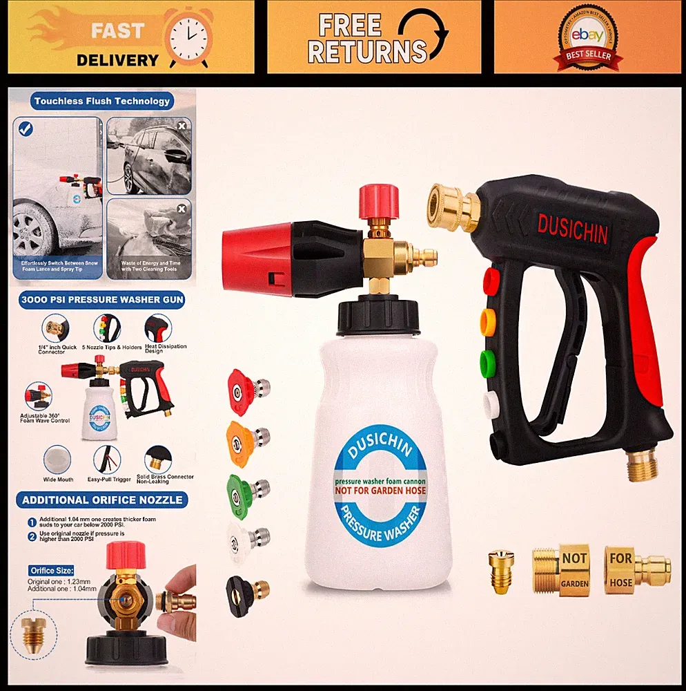 Foam Cannon Pressure Washer Gun with Quick Connect, 5 Nozzle Tips, M22 Fittings