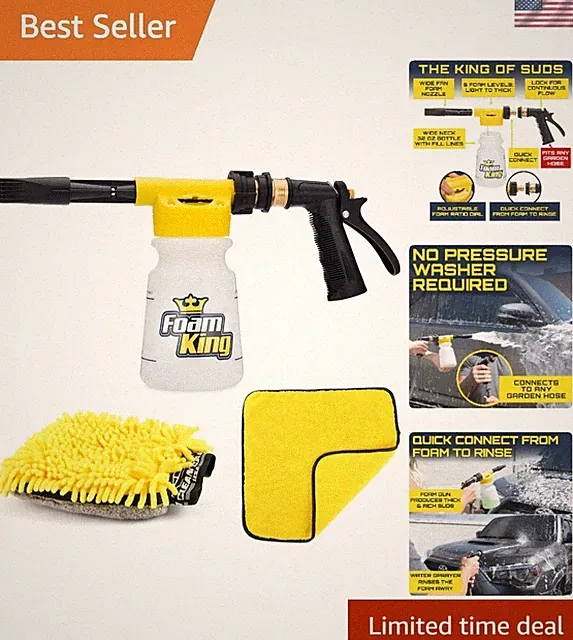 Foam King Car Wash Foam Gun & Microfiber Mitt, Garden Hose Attachment for Scr...
