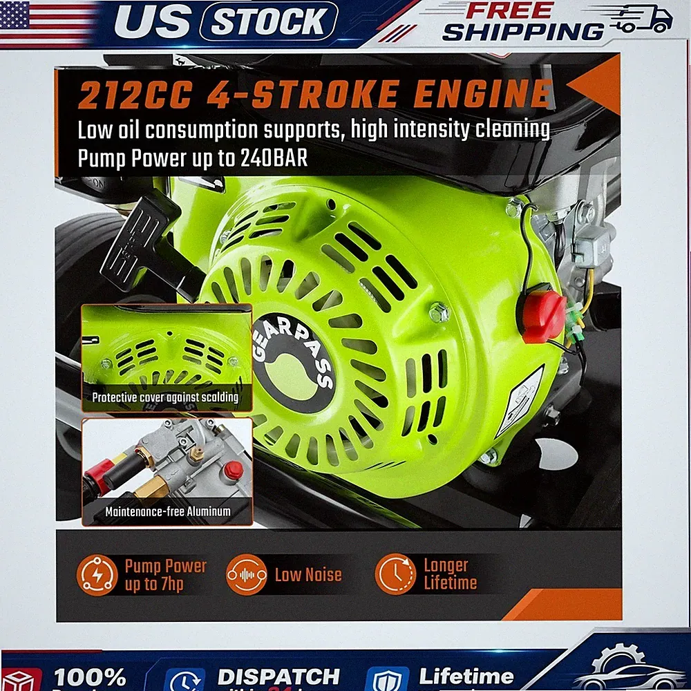 For Driveways Cars Gas Washer 3500 PSI Cold Water 212cc 5 Nozzle Attachment