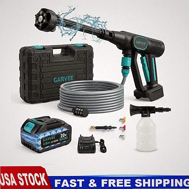 Garvee Battery Powered Pressure Washer Cordless 500PSI 6-in-1 Nozzle 23FT Hose