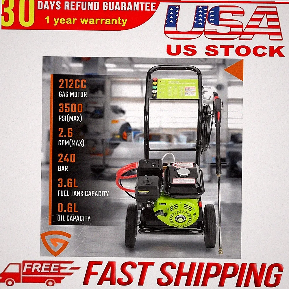 Gas Pressure Washer 3500 PSI 2.6 GPM 212cc Gas Powered 5 Nozzles Green Black