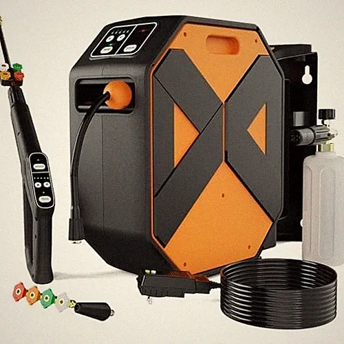 GFCI Wall Mounted Pressure Washer with 100FT Retractable Hose, 5-Stage Adjust...