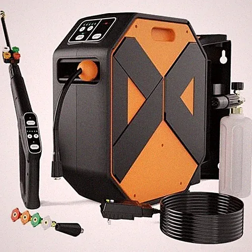 GFCI Wall Mounted Pressure Washer with 100FT Retractable Hose, 5-Stage Amber